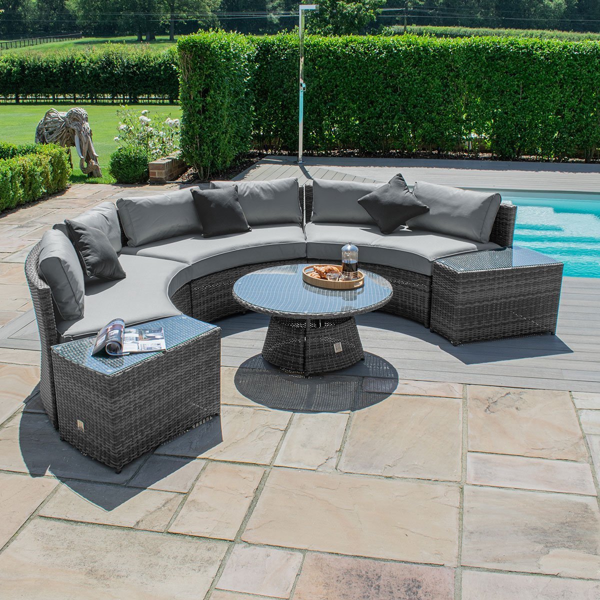 Patio Sectional Furniture Set Half-Moon Patio Set Grey Wicker Curved Outdoor Sofa with Grey Cushions & Round Glass Coffee Table