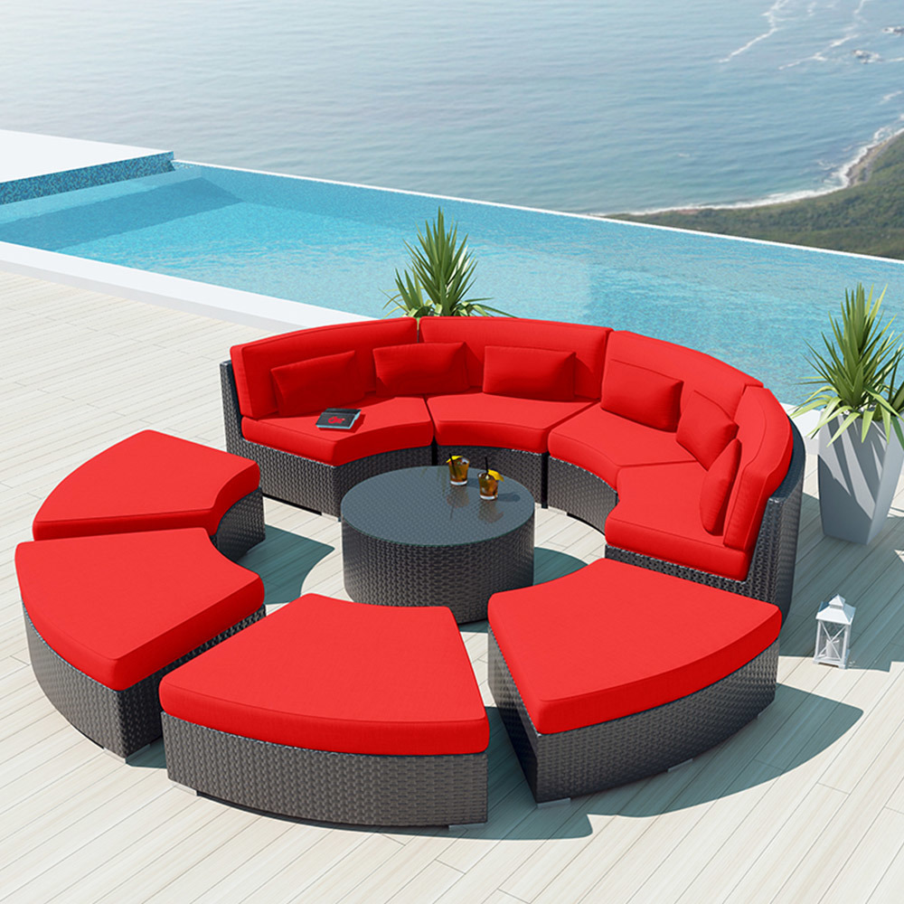 Outdoor Patio Wicker Rattan Furniture Half-Moon Sectional Sofa Sets with Cushions, Round Table and Storage Side Table