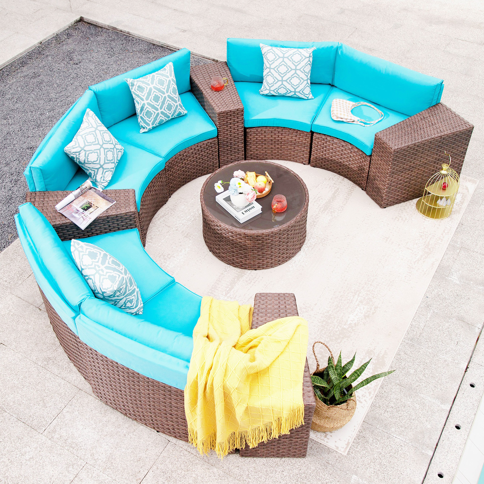 Outdoor Patio Wicker Rattan Furniture Half-Moon Sectional Sofa Sets with Cushions, Round Table and Storage Side Table