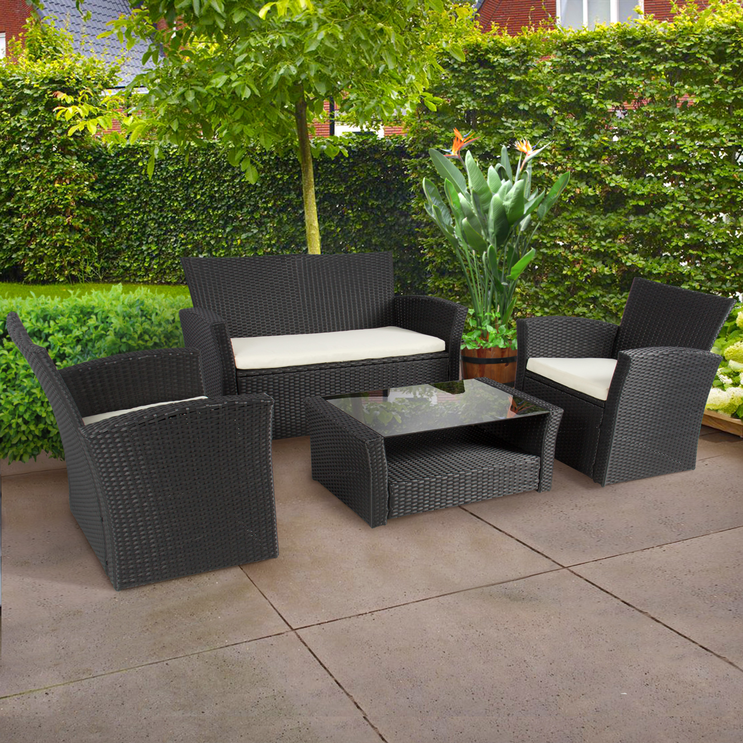 Outdoor Rattan Sofa, Patio Furniture Set with Side Tables, Umbrella Hole and Cushions