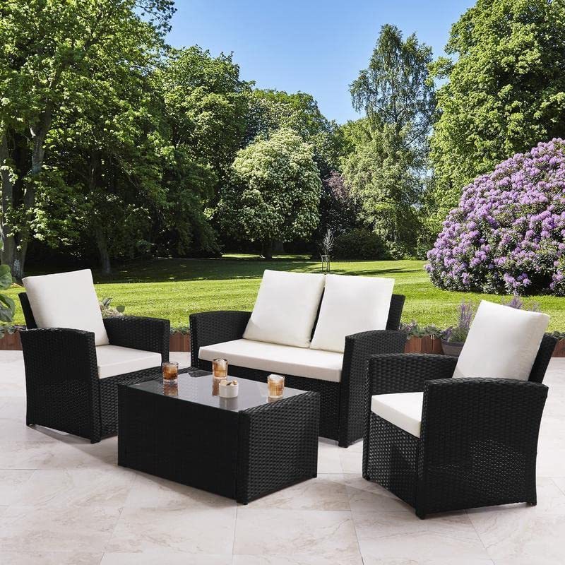 Outdoor Rattan Sofa, Patio Furniture Set with Side Tables, Umbrella Hole and Cushions