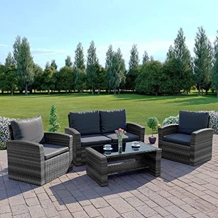 Outdoor Rattan Sofa, Patio Furniture Set with Side Tables, Umbrella Hole and Cushions