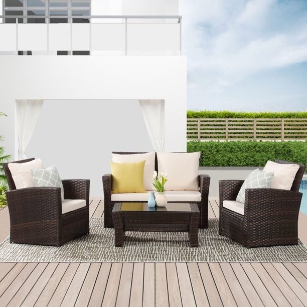 Outdoor Rattan Sofa, Patio Furniture Set with Side Tables, Umbrella Hole and Cushions