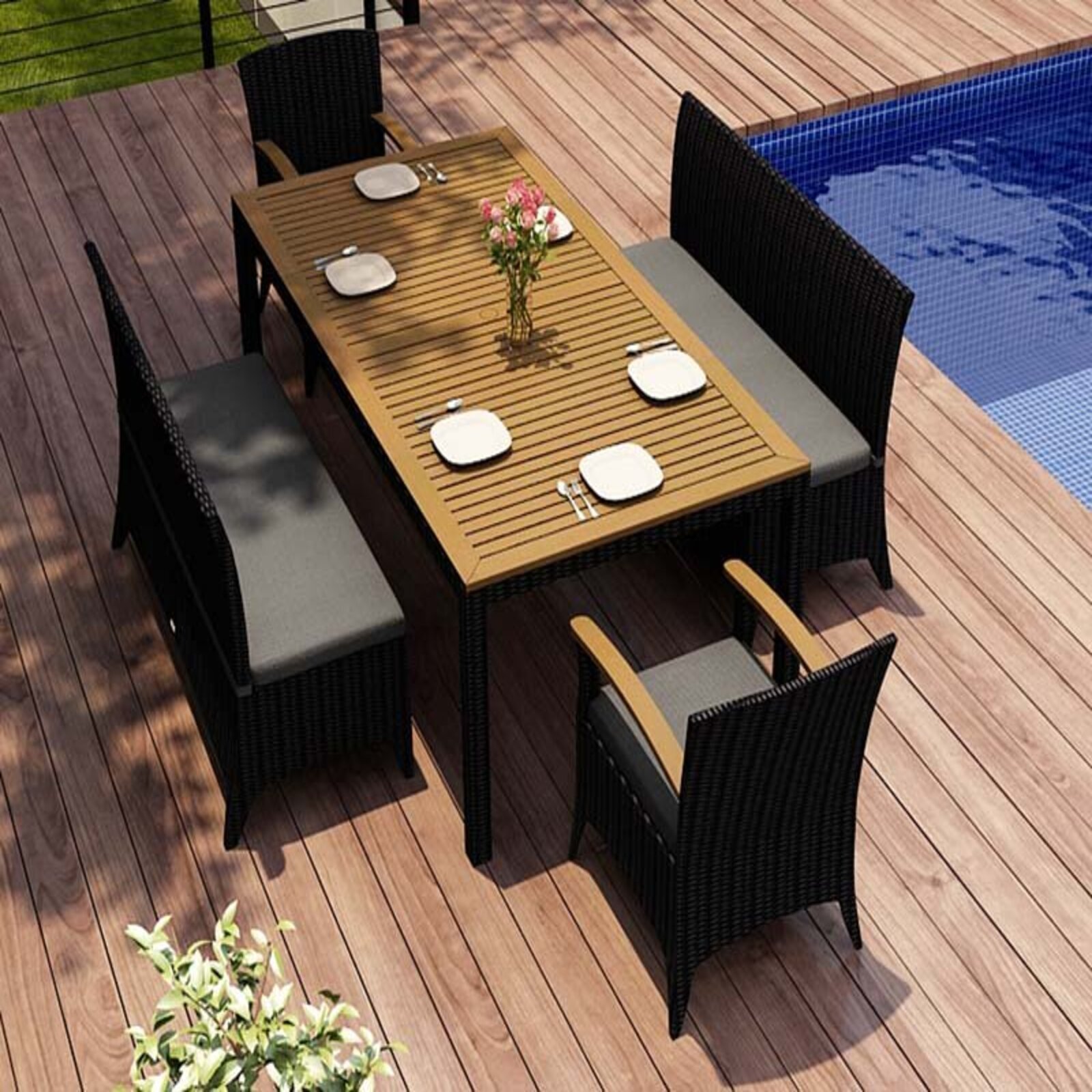 Outdoor table and chair set Garden rattan and bamboo dining table set 2 armchairs, 2-2 chairs, 1 elegant outdoor table