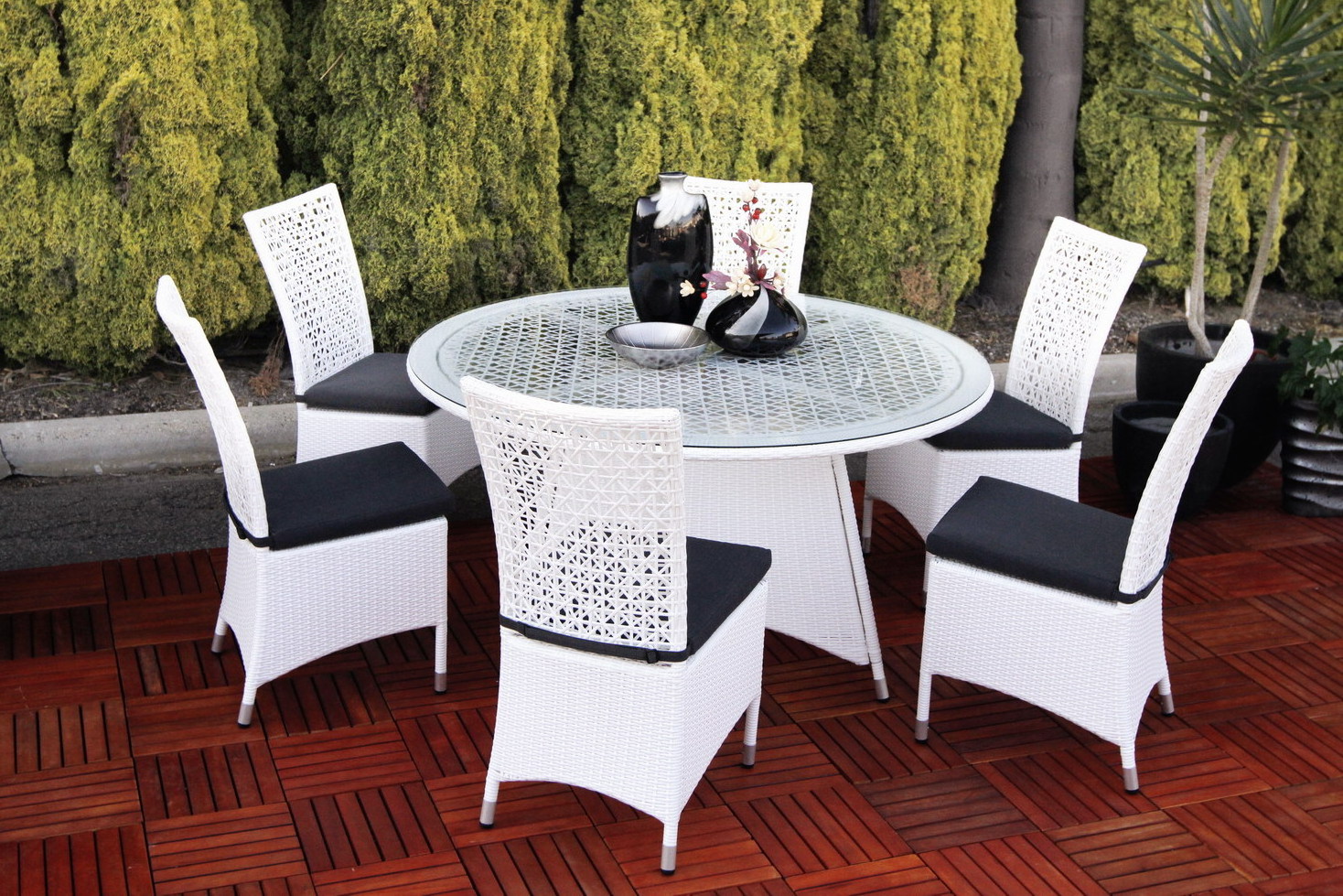 DL Outdoor Rattan Garden Furniture Dining Set Table And Chair Set Wicker Patio 6 Chairs Tempered Glass Rectangular Table