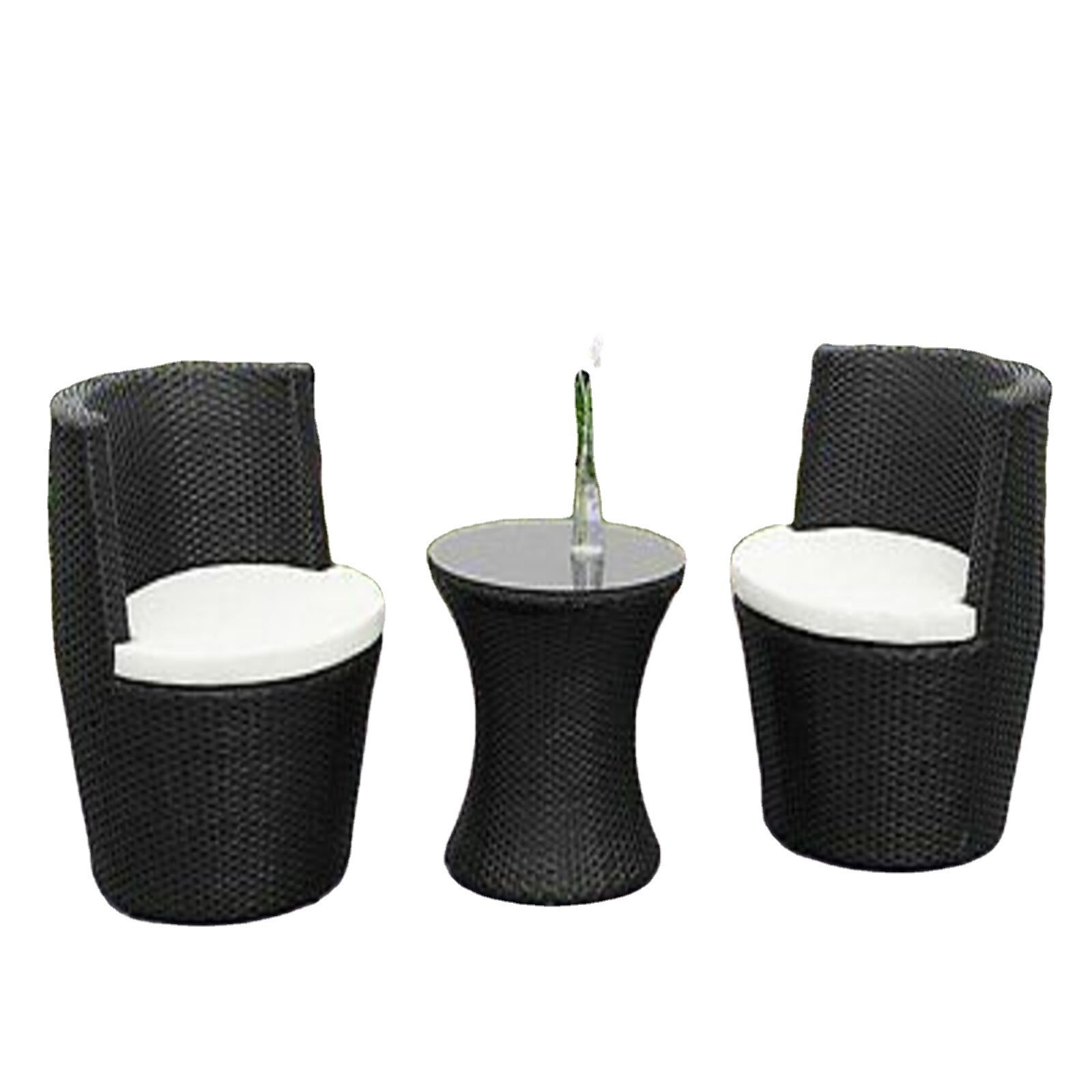 The Set of Round Cafe Table 2 Outdoor Chairs is a uniquely designed garden coffee table with a round plastic rattan surface.