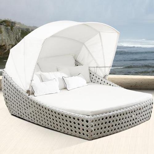 Outdoor Patio Round Daybed with Retractable Grey Wicker Furniture Sectional Couch with Washable Cushions Backyard Porch