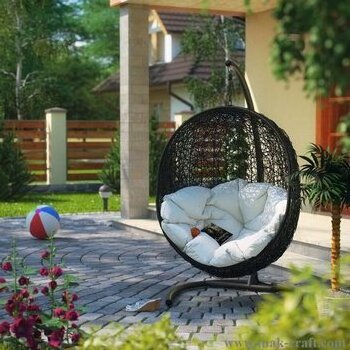 Rattan Wicker Patio Hanging Basket Chair Hammock Chair with Aluminum Frame and UV Resistant Cushion