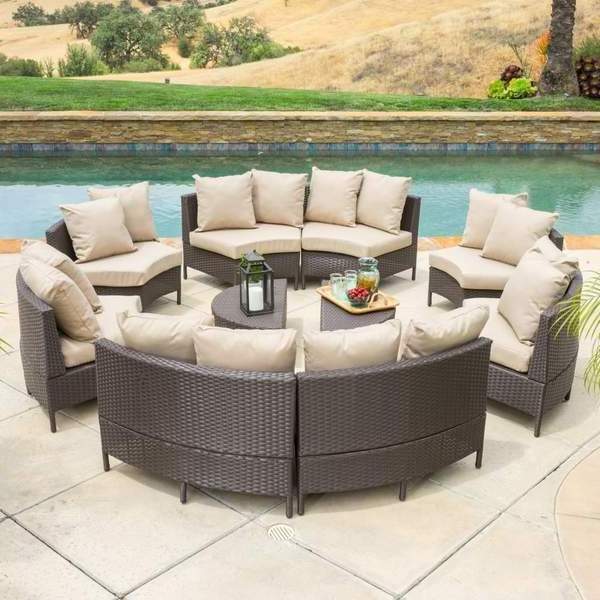 Outdoor Patio Wicker Rattan Furniture Half-Moon Sectional Sofa Sets with Cushions, Round Table and Storage Side Table