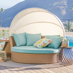 Outdoor Sunbed with Adjustable Canopy, Double Lounge, PE Rattan Daybed, White Wicker, Blue Cushion Conversation Set