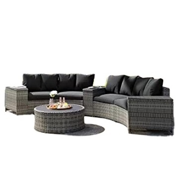 Half Moon Rattan Sofa Set with Coffee Table and 3 Side Table Semi Circle Outdoor Poly Rattan Sofa Set Patio Conservatory Wicker