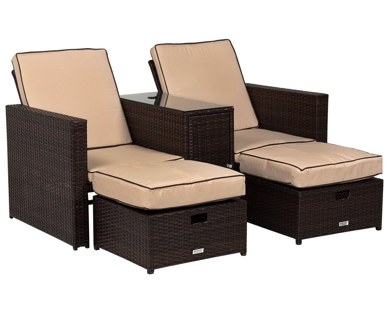 3 Piece Outdoor Furniture Sets PE Wicker Rattan Chaise Lounge Chair Recliner Multifunctional Porch Backyard Furniture Set