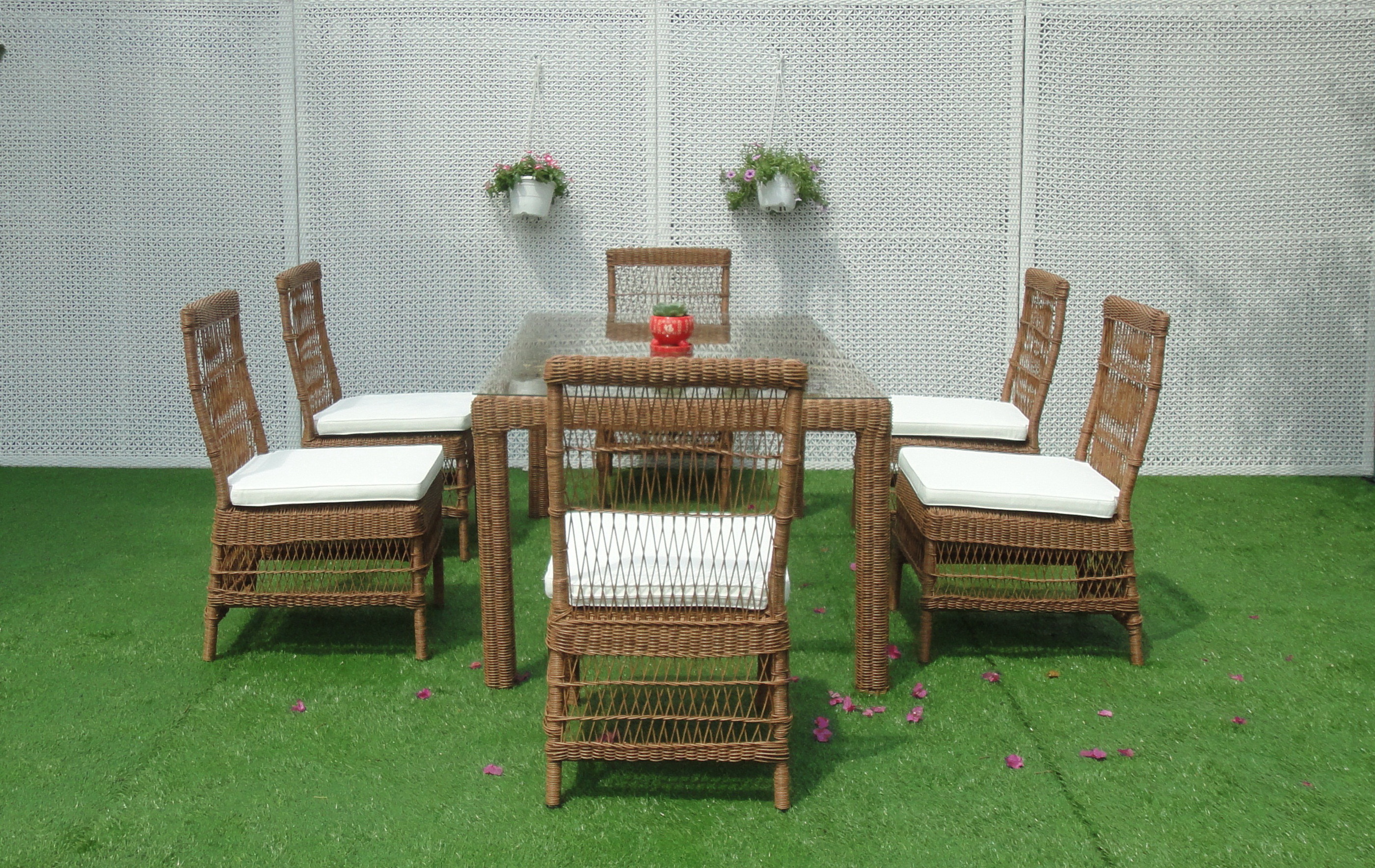 DL Outdoor Rattan Garden Furniture Dining Set Table And Chair Set Wicker Patio 6 Chairs Tempered Glass Rectangular Table