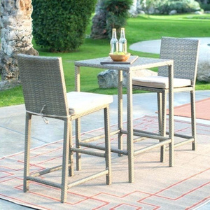 3 Piece Patio Rattan Wicker Outdoor Furniture Bar Set with 2 Stools Removeable Cushions and Temper Glass Top