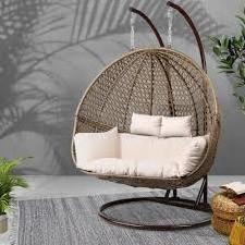 2 Person Double Egg Chair Outdoor Rattan Loveseat Hanging Swing Chairs with Cushions for Patio Backyard Balcony Bedroom Gift