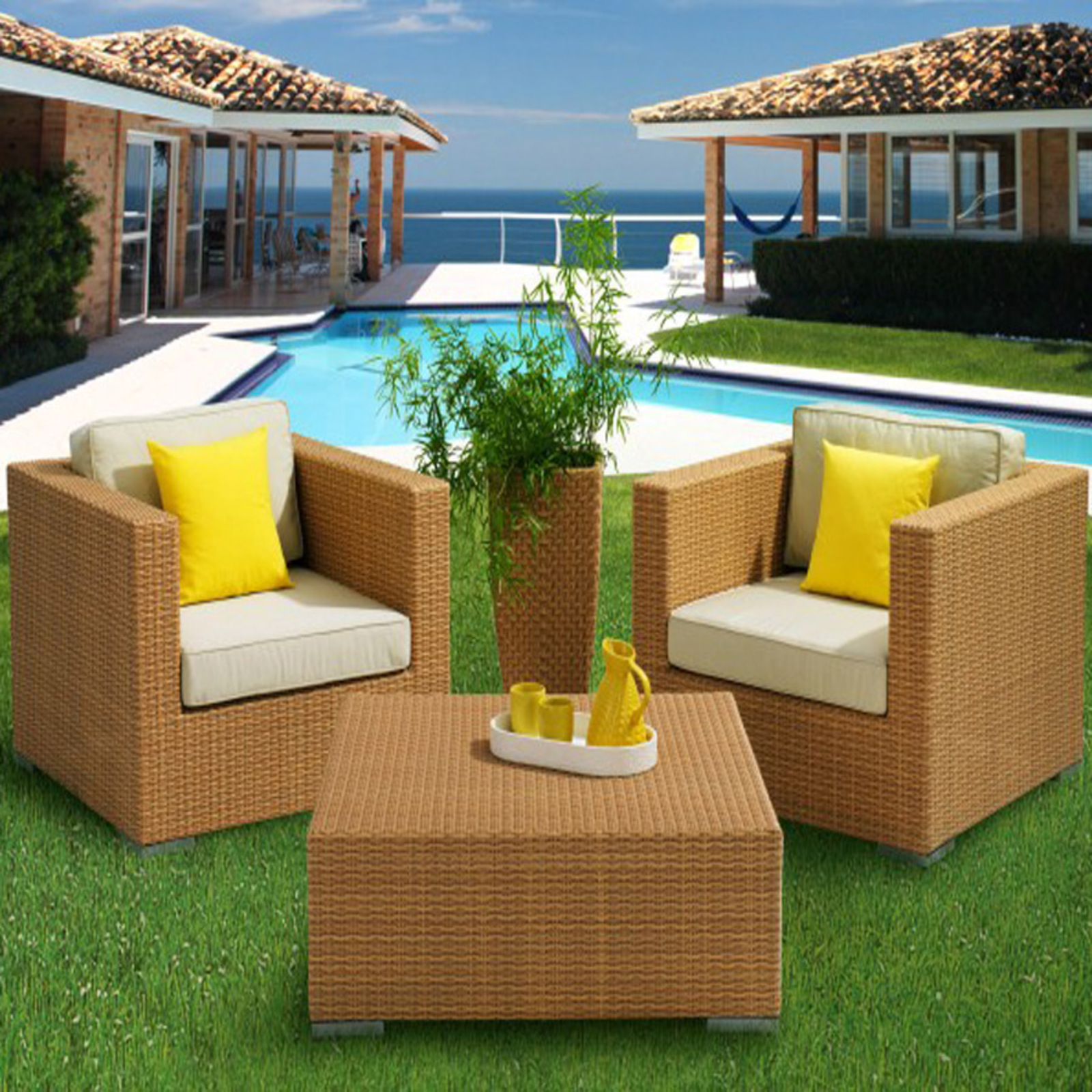 Garden Sets - Set Of Coffee 2 Chairs With Table For The Garden Terrace Outdoor Balcony Made From Poly Rattan