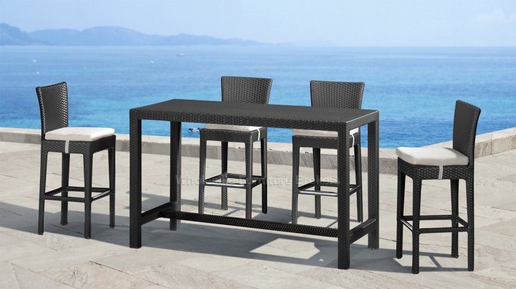 4 Seater Bar Set With Wicker Table Finished With Clear Tempered Glass Top For Outdoor Patio Garden Poolside Backyard