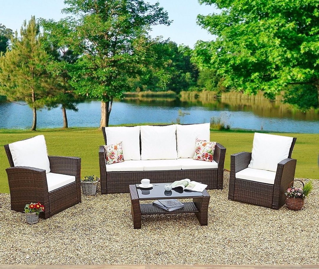 OUTDOOR WICKER CONVERSATION SET WITH GREY CUSHIONS - LOVESEAT, TWO SWIVEL CHAIRS, SIDE TABLE & GLASS TOP TABLE