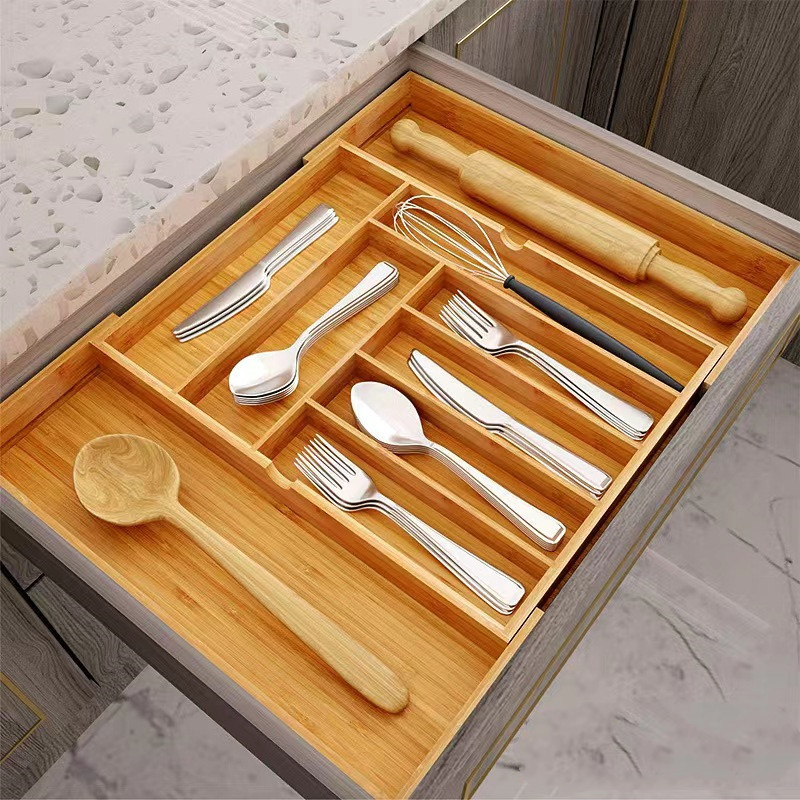 Kitchen Utensil Bamboo Drawer Organizer bamboo Cutlery Flatware Organizer Tray for Bathroom Office Desk Makeup Jewel Storage Box