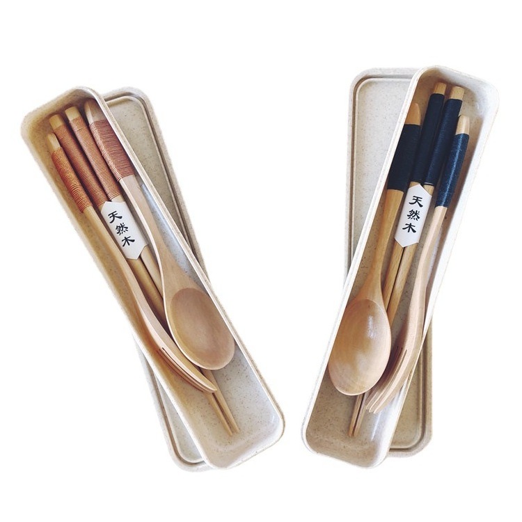 Wooden Travel Utensils Reusable Bamboo Cutlery Set with Case Wooden Bamboo Fork Spoon Chopsticks Flatware Set for Eating