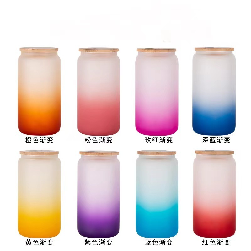 Frosted Beer 16oz Glass Cans with Bamboo Lids and Straws Iced Coffee Cups Sublimation Color changes Soda Can Shaped Glass Cups