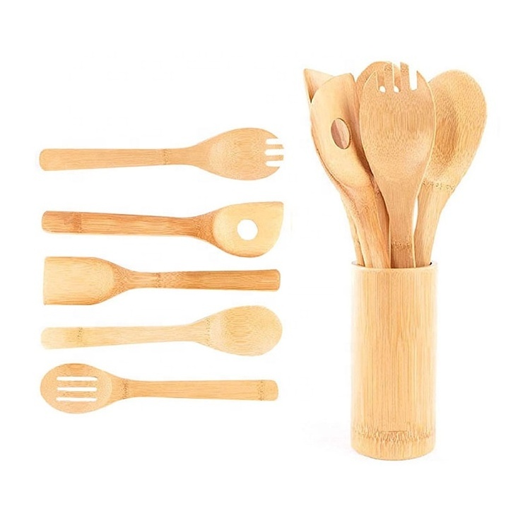 Bamboo Utensil Set Apartment Essentials Wood Spatula Spoon Nonstick Kitchen Utensil Set Premium Quality 6PCS 8PCS Box Pack Set