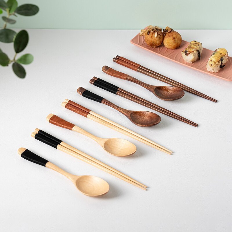 Wooden Travel Utensils Reusable Bamboo Cutlery Set with Case Wooden Bamboo Fork Spoon Chopsticks Flatware Set for Eating