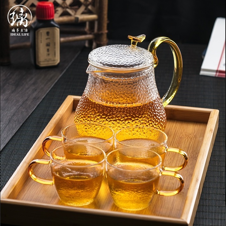 High borosilicate glass tea pot with glass tea strainer and yellow handle arab glass tea pot