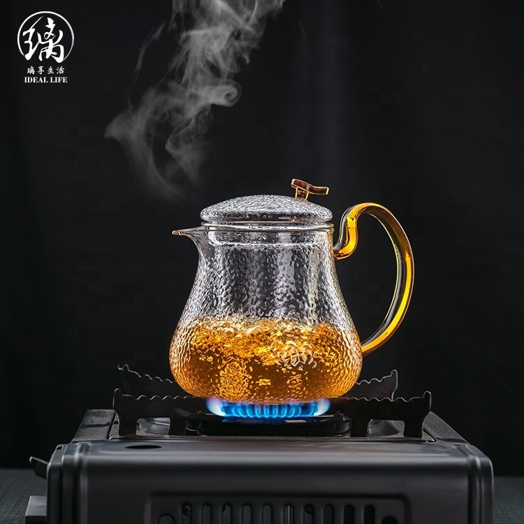 High borosilicate glass tea pot with glass tea strainer and yellow handle arab glass tea pot