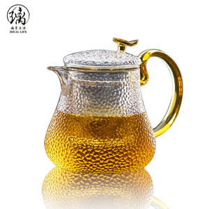 High borosilicate glass tea pot with glass tea strainer and yellow handle arab glass tea pot