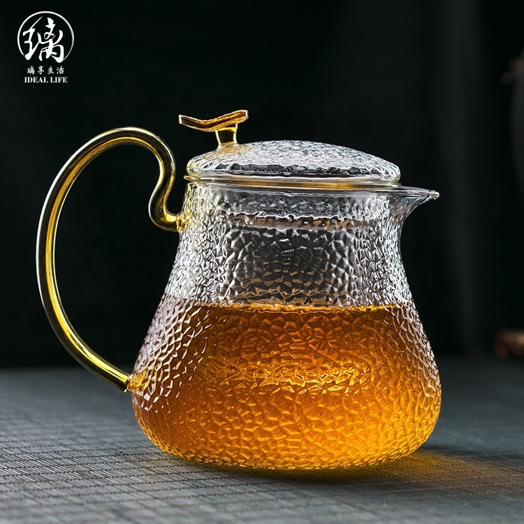 High borosilicate glass tea pot with glass tea strainer and yellow handle arab glass tea pot