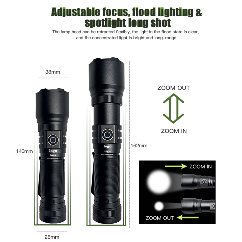 Super Bright 10000 high lumen ZOOM Flashlight powerfull Torch Light linterna Type C Long Range  LED Flashlight Rechargeable