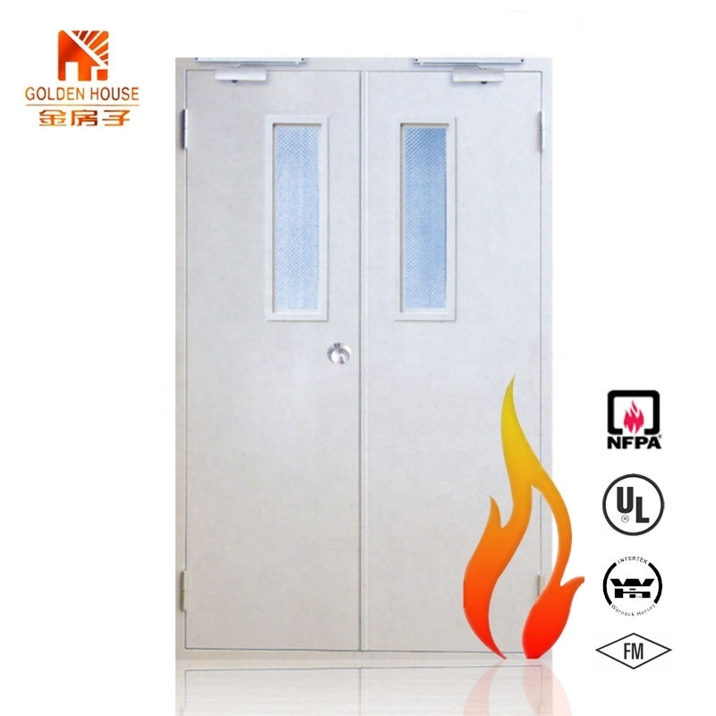 WH FM approved Commercial industry hospital school double swing steel fire rated doors design fire-proof door with push bar