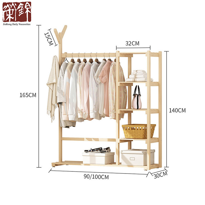 Free-standing Closet Multi-function Large Garment Rack with Storage Hanging Rods Heavy Duty Clothes Organizer Pine Wood Modern