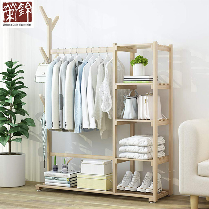 Free-standing Closet Multi-function Large Garment Rack with Storage Hanging Rods Heavy Duty Clothes Organizer Pine Wood Modern