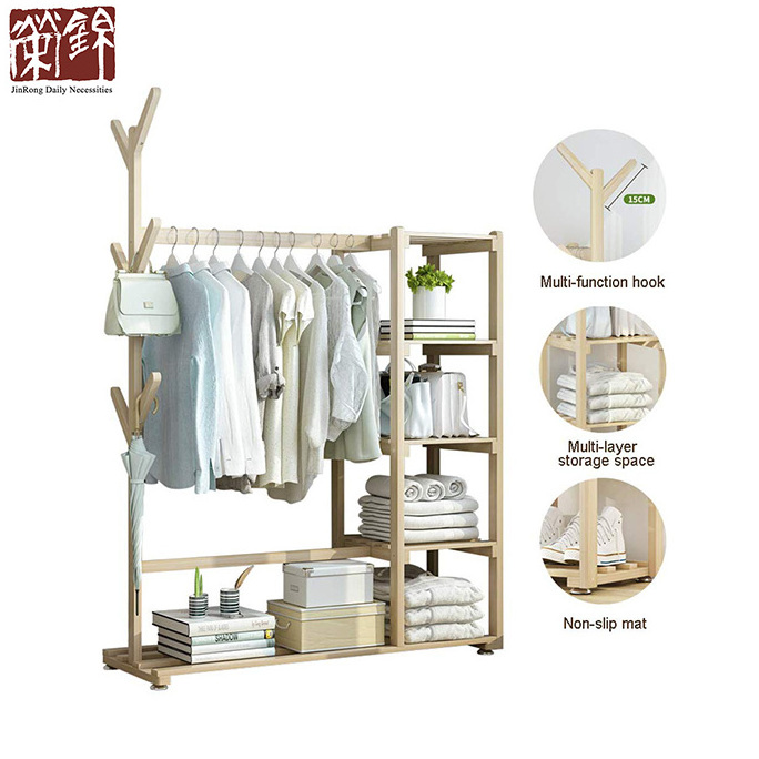 Free-standing Closet Multi-function Large Garment Rack with Storage Hanging Rods Heavy Duty Clothes Organizer Pine Wood Modern