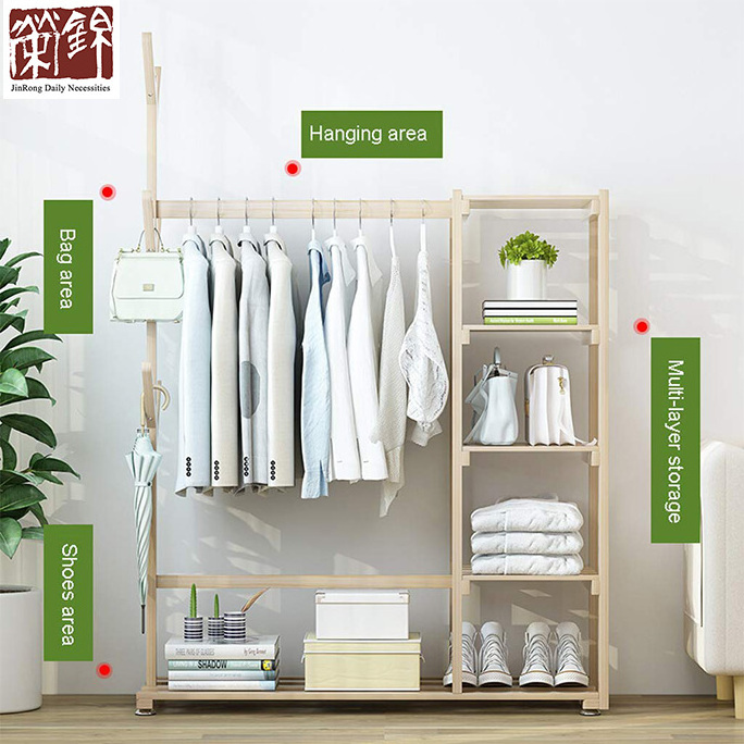 Free-standing Closet Multi-function Large Garment Rack with Storage Hanging Rods Heavy Duty Clothes Organizer Pine Wood Modern