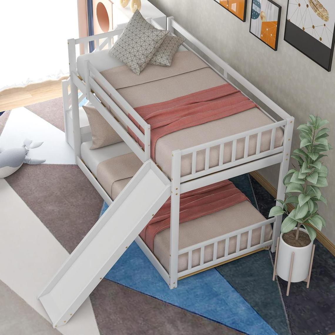 Twin Bunk Bed Wooden Montessori Kids Bed with Slide and Stairway for Kids Contemporary Pine Wood Princess Beds for Girl 75kg