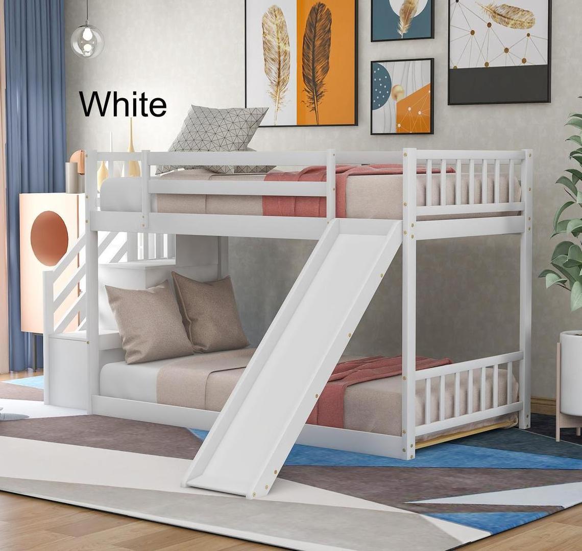 Twin Bunk Bed Wooden Montessori Kids Bed with Slide and Stairway for Kids Contemporary Pine Wood Princess Beds for Girl 75kg