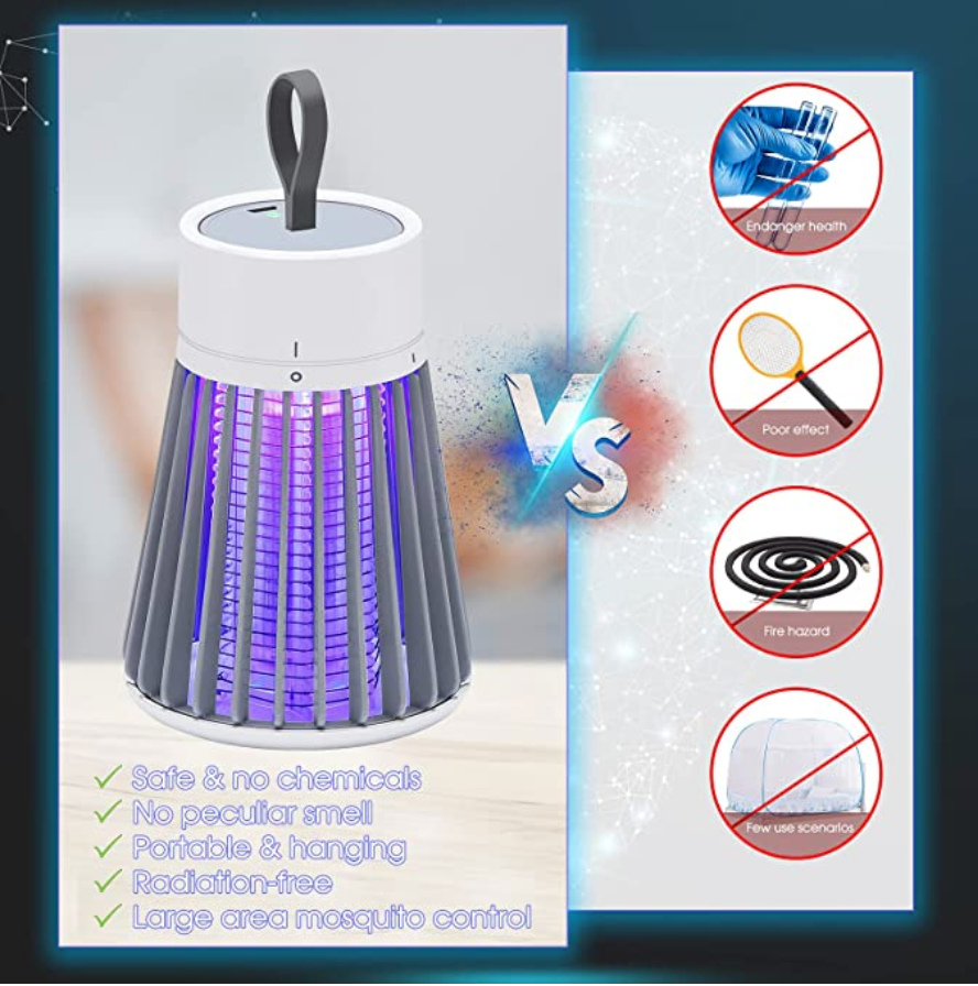 Bug Zapper Rechargeable Mosquito Killer Indoor Electric Fly Trap with Light and Hanging Loop USB Killing Lamp Portable LED