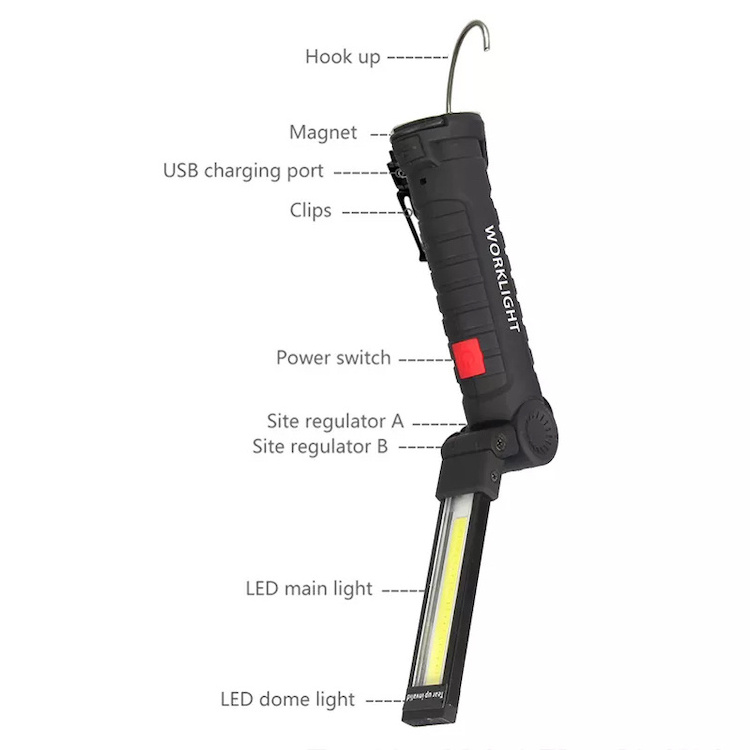 Multifunctional Folding Work Light USB Rechargeable Flashlight with Built in Battery Pack COB LED Camping Flashlight