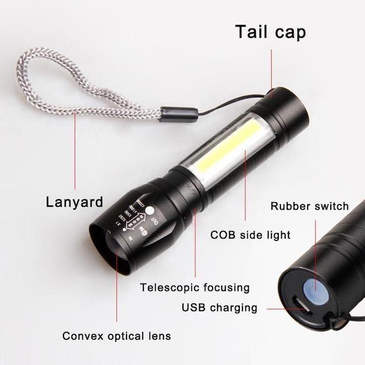 LED Small Flashlight With Side Light COB Strong Light Telescopic Zoom USB Charging Kit Mini 511 Flashlight