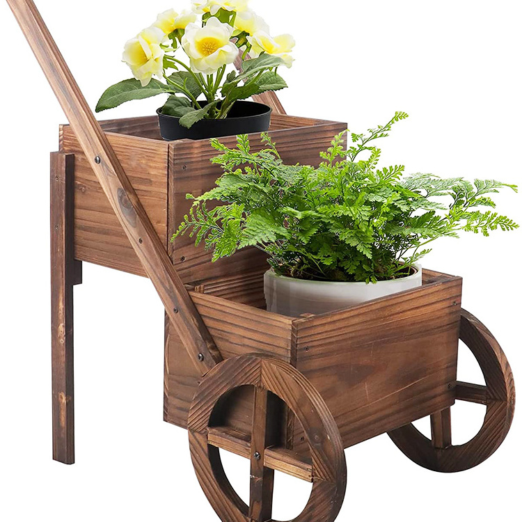 Two wheels decorative garden pots wood planter box display outdoor large wagon cart