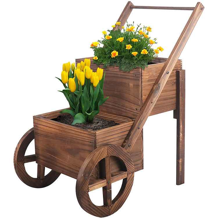 Two wheels decorative garden pots wood planter box display outdoor large wagon cart