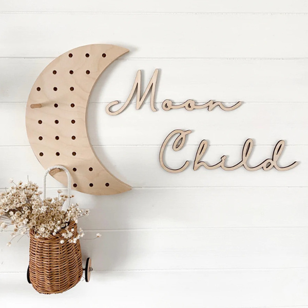 Wall mounted plywood moon and star pegboard display wooden craft wall shelf for home decoration