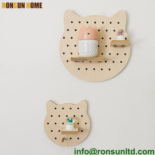 Cute small wooden craft animal cat pegboard organizer wall mounted display shelf