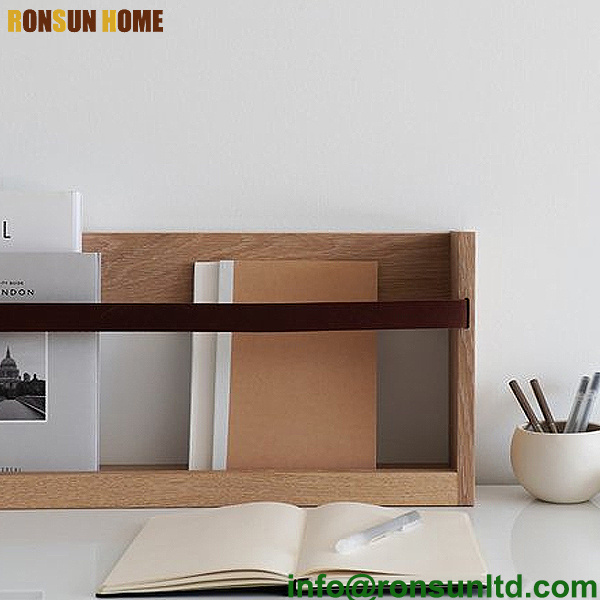 Modern wood magazine rack wall bookshelf with belt wooden storage custom leather pine shelf