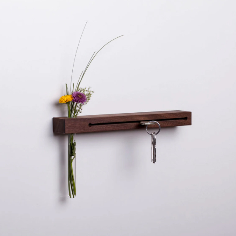 Wooden Key Holder with Vase for Flowers Key Hooks Wall Decoration Board with Shelf