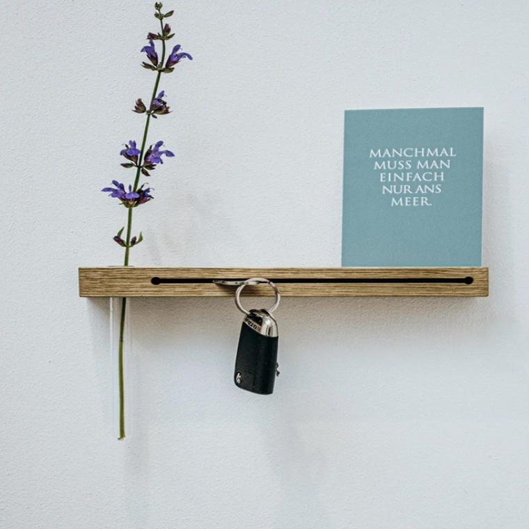 Wooden Key Holder with Vase for Flowers Key Hooks Wall Decoration Board with Shelf