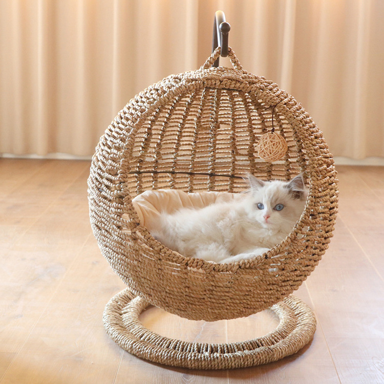 Handmade rattan pet cat swinging calming furniture dog house indoor hammock hanging cave bed